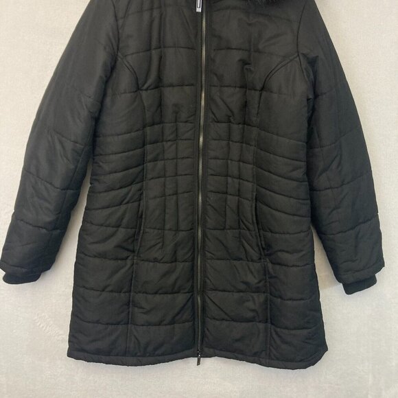 Susan Graver Black Quilted Puffer Coat Womens Small S Removable Faux Fur Hood - Picture 6 of 16